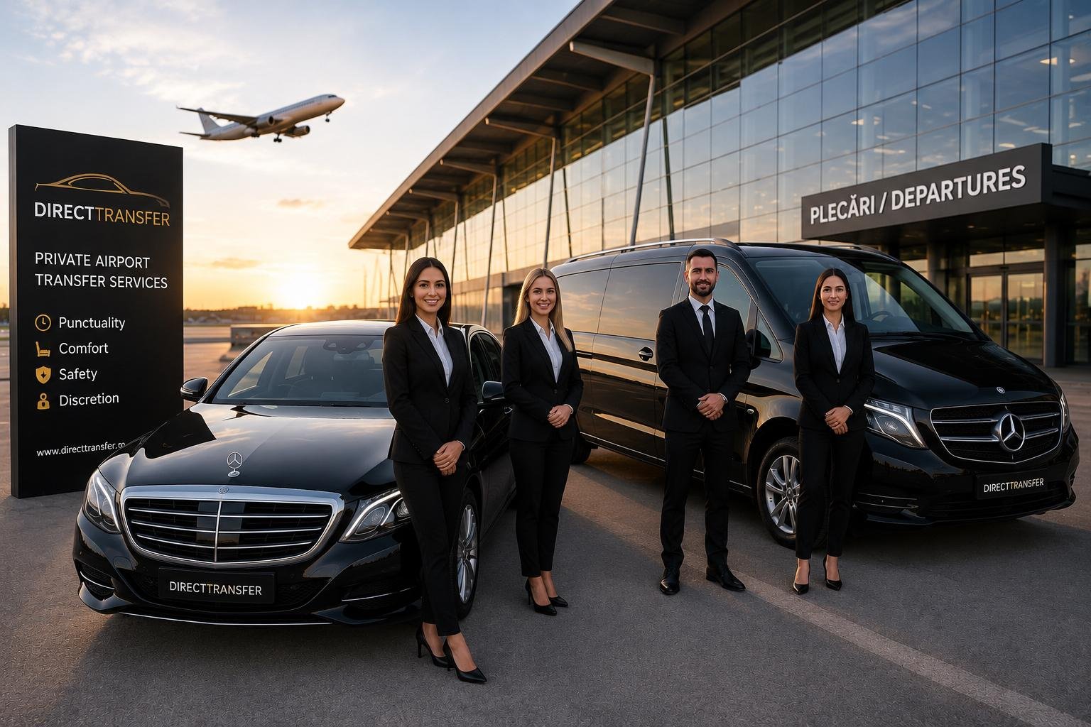 Mașină premium parcată, pregătită pentru transfer aeroport