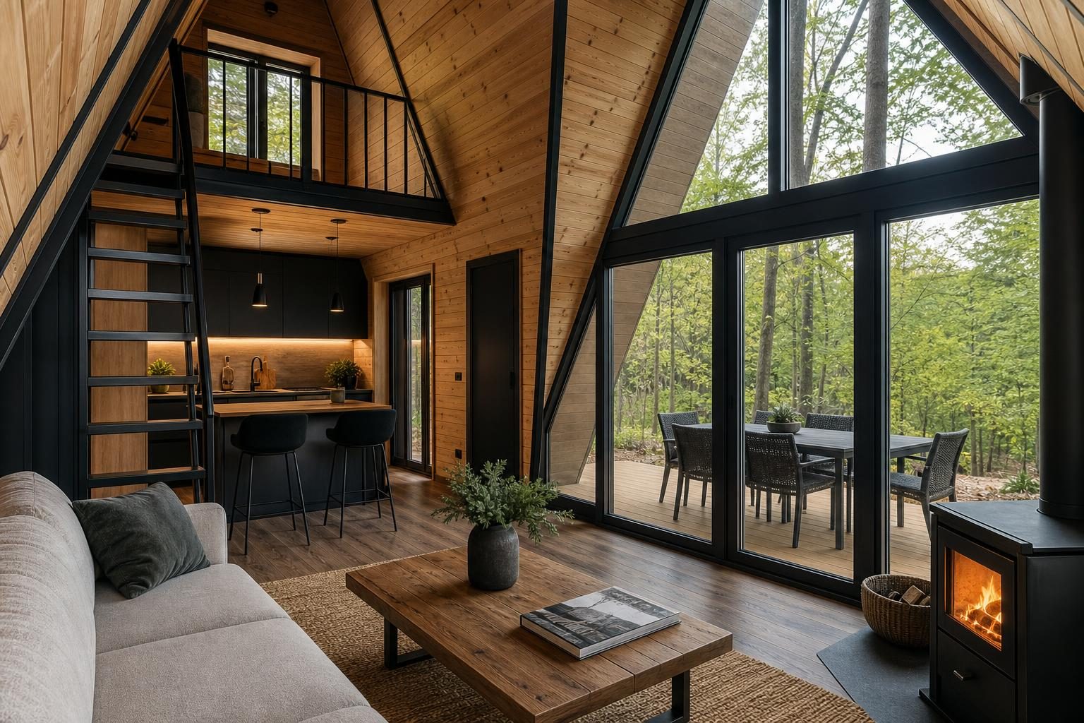 Cabană de tip A-frame și casă modulară amplasate într-un peisaj natural