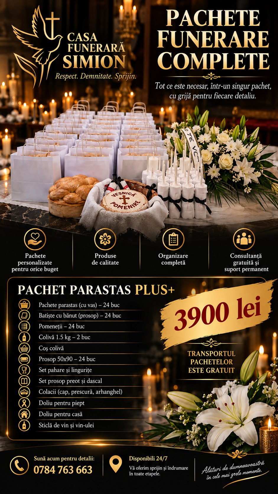 Amenajare sobră pentru ceremonie, cu flori și lumânări