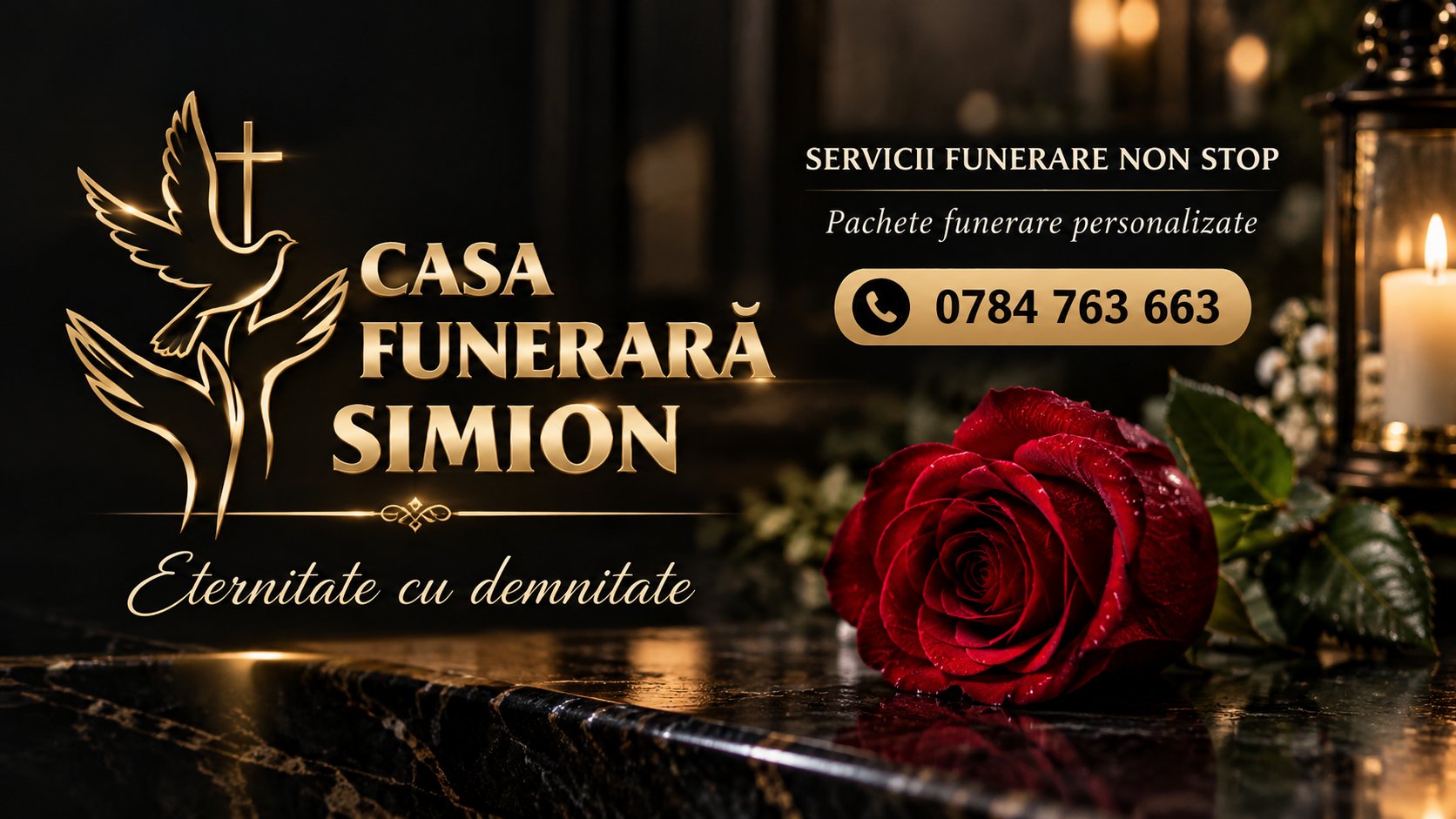 Amenajare funerară cu flori și decor sobru